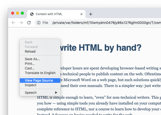 The "View Page Source" menu item in Google Chrome on macOS.